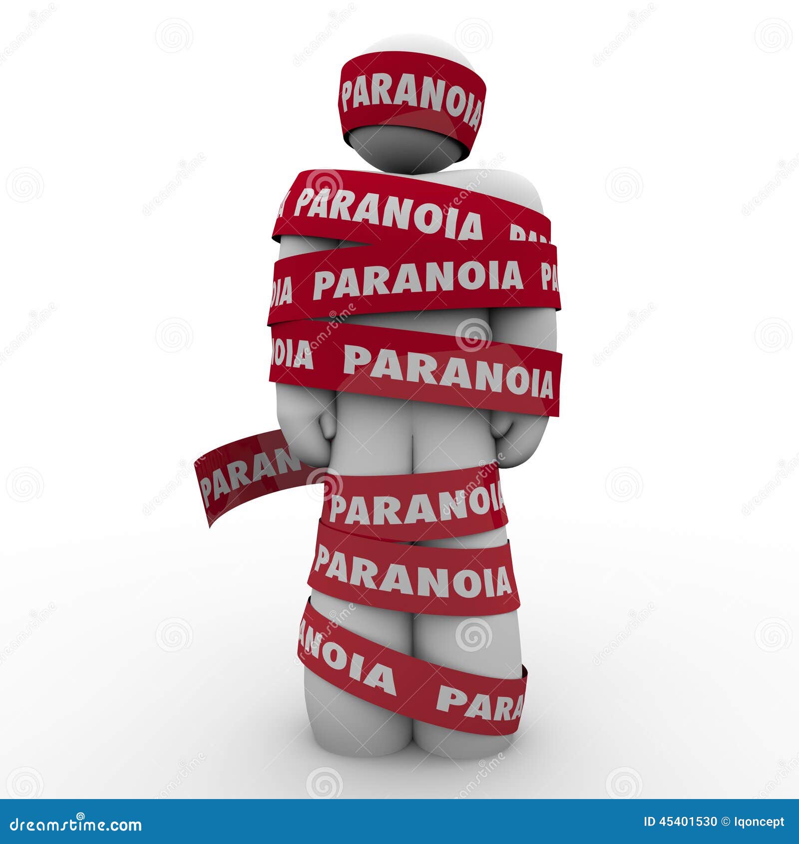 paranoia word man wrapped tape anxious stress worry