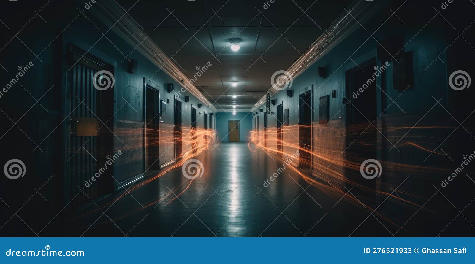paranormal activity inside an empty school corridor at night time