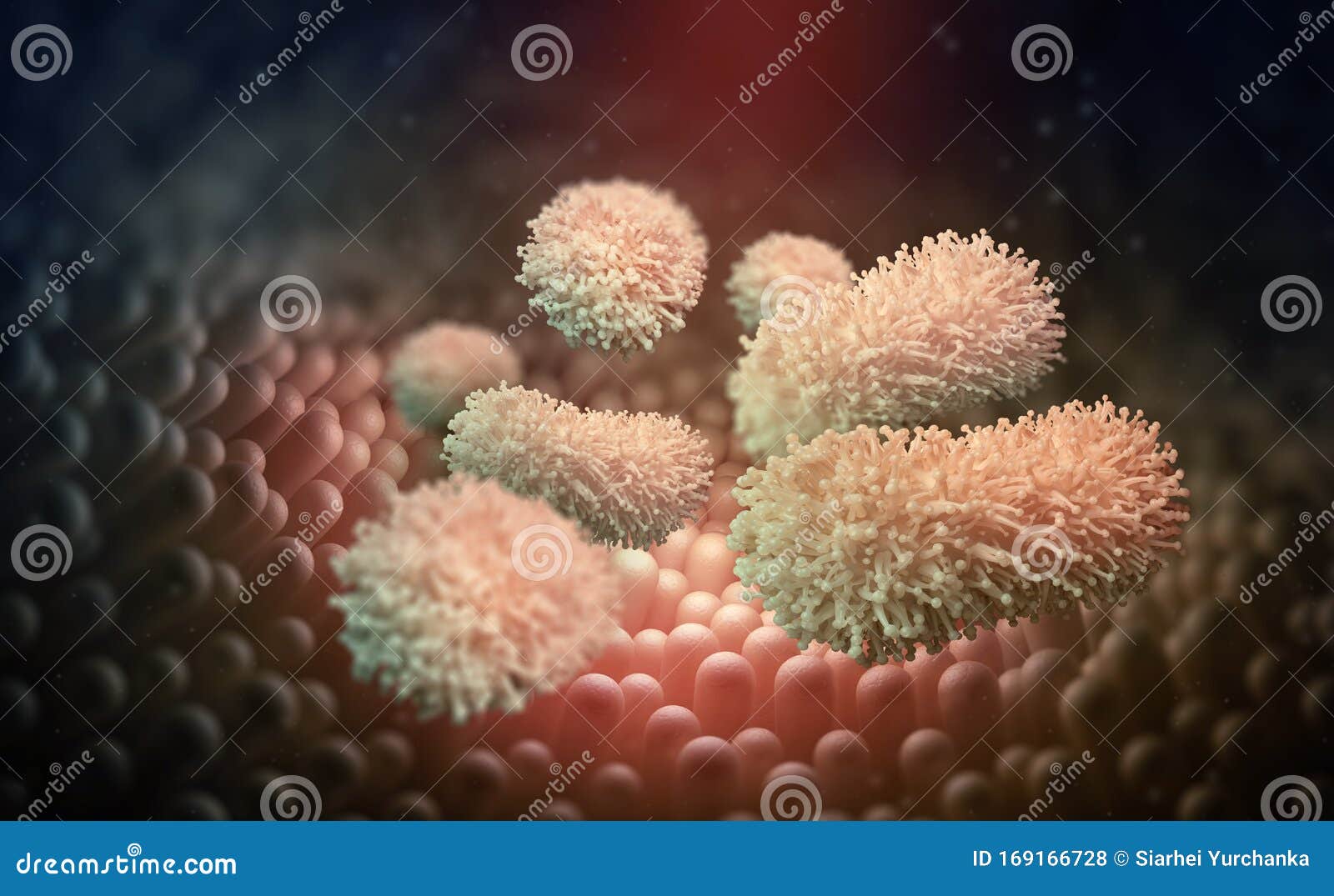 parasites in intestines. indigestion, germs, infection and viruses in body. intestinal walls and viral inflammation under a micros