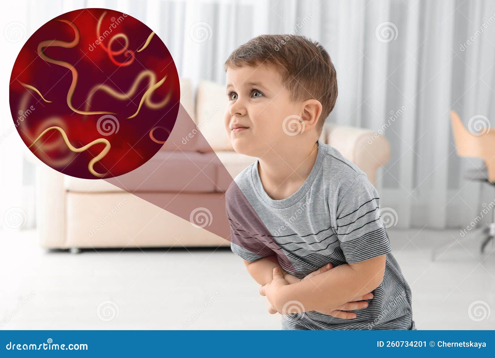 parasites under microscope and boy suffering from helminthiasis