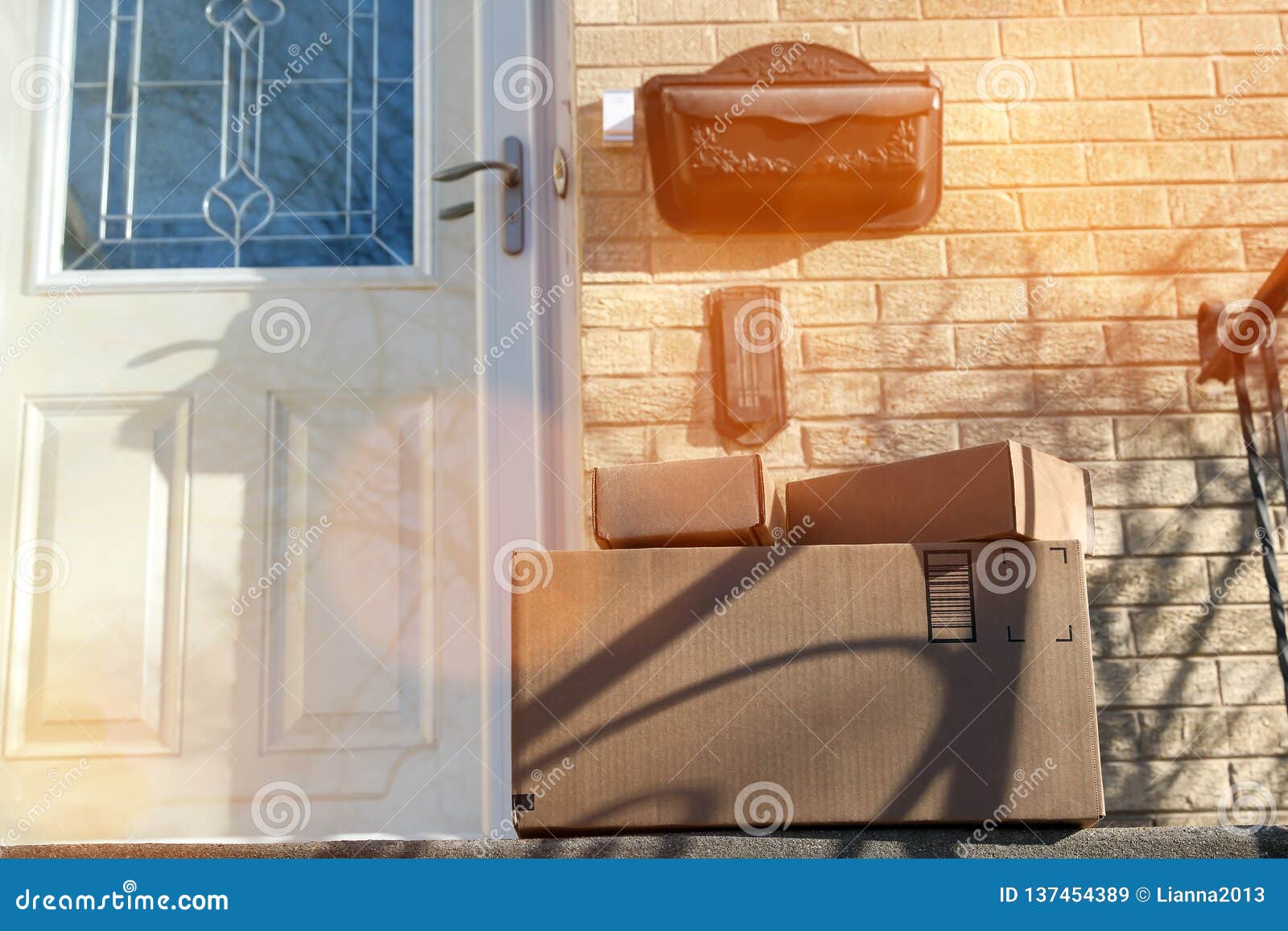 Parcels Boxes Delivery Outside the Door. Stock Image Image of