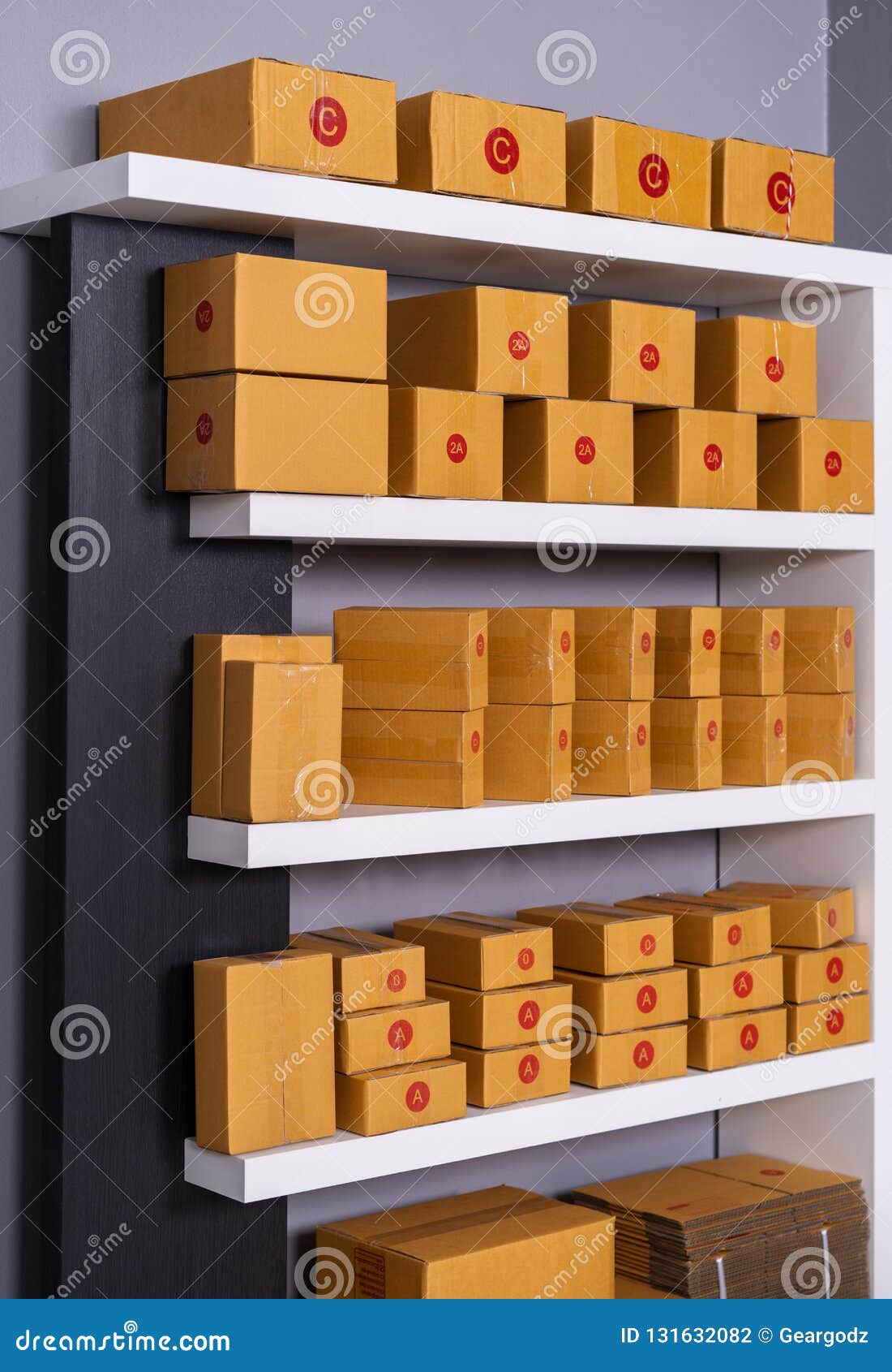 Parcels on Shelf Ready for Shipment To Client in Home Office Stock