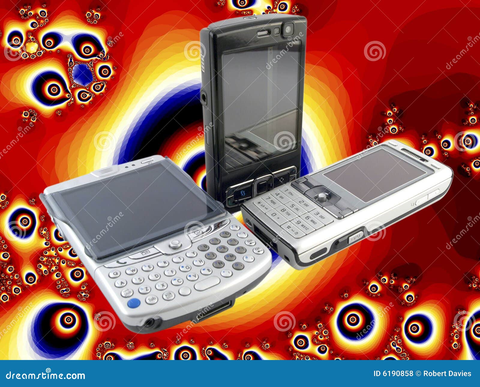 Parecchi telefoni mobili moderni psichedelici. Pila di parecchi telefoni mobili moderni con la priorità bassa arancione luminosa psichedelica di frattalo