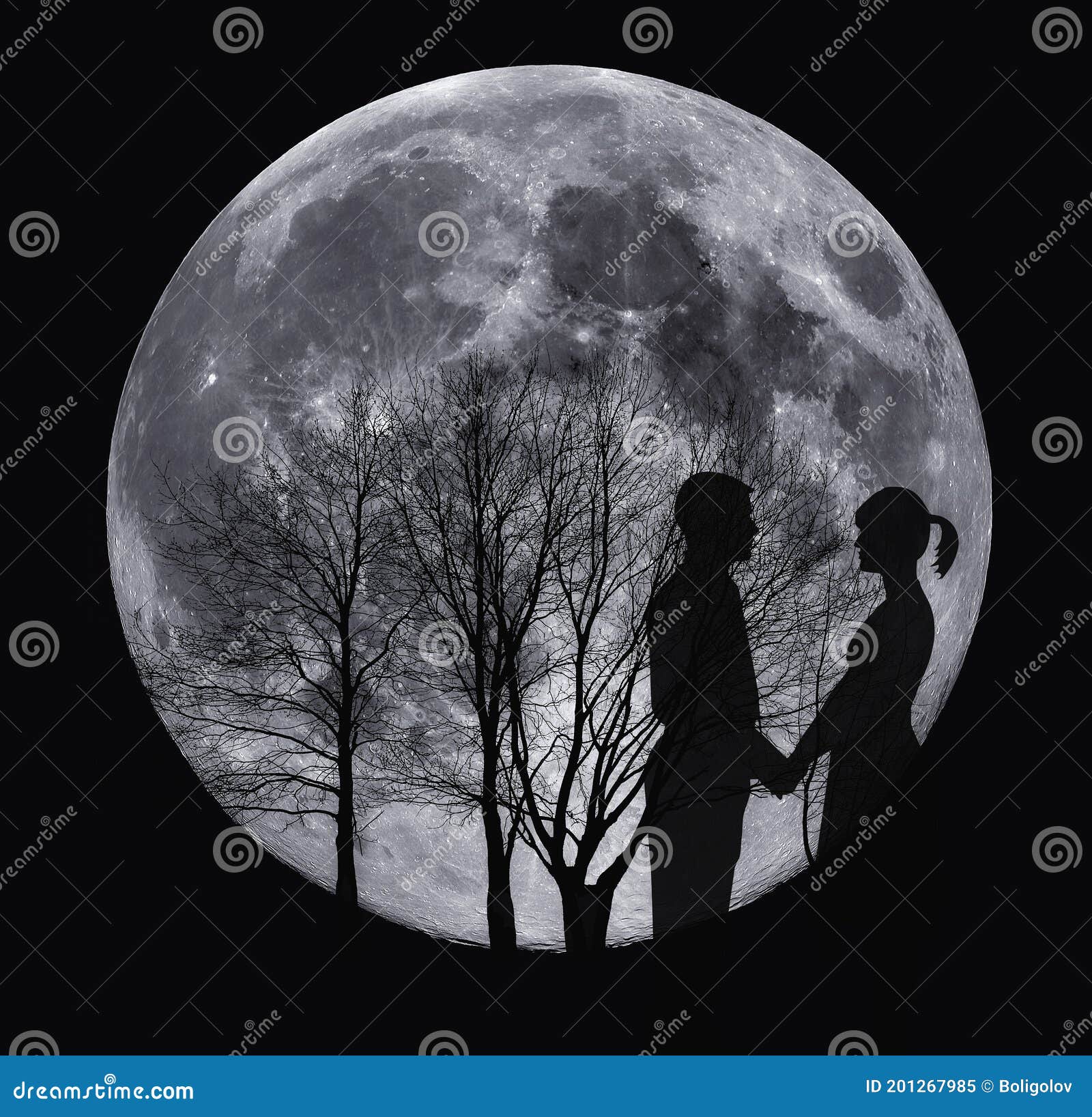 Pareja De Amor En La Noche De Luna Llena Stock de ilustración - Ilustración  de afecto, extracto: 201267985