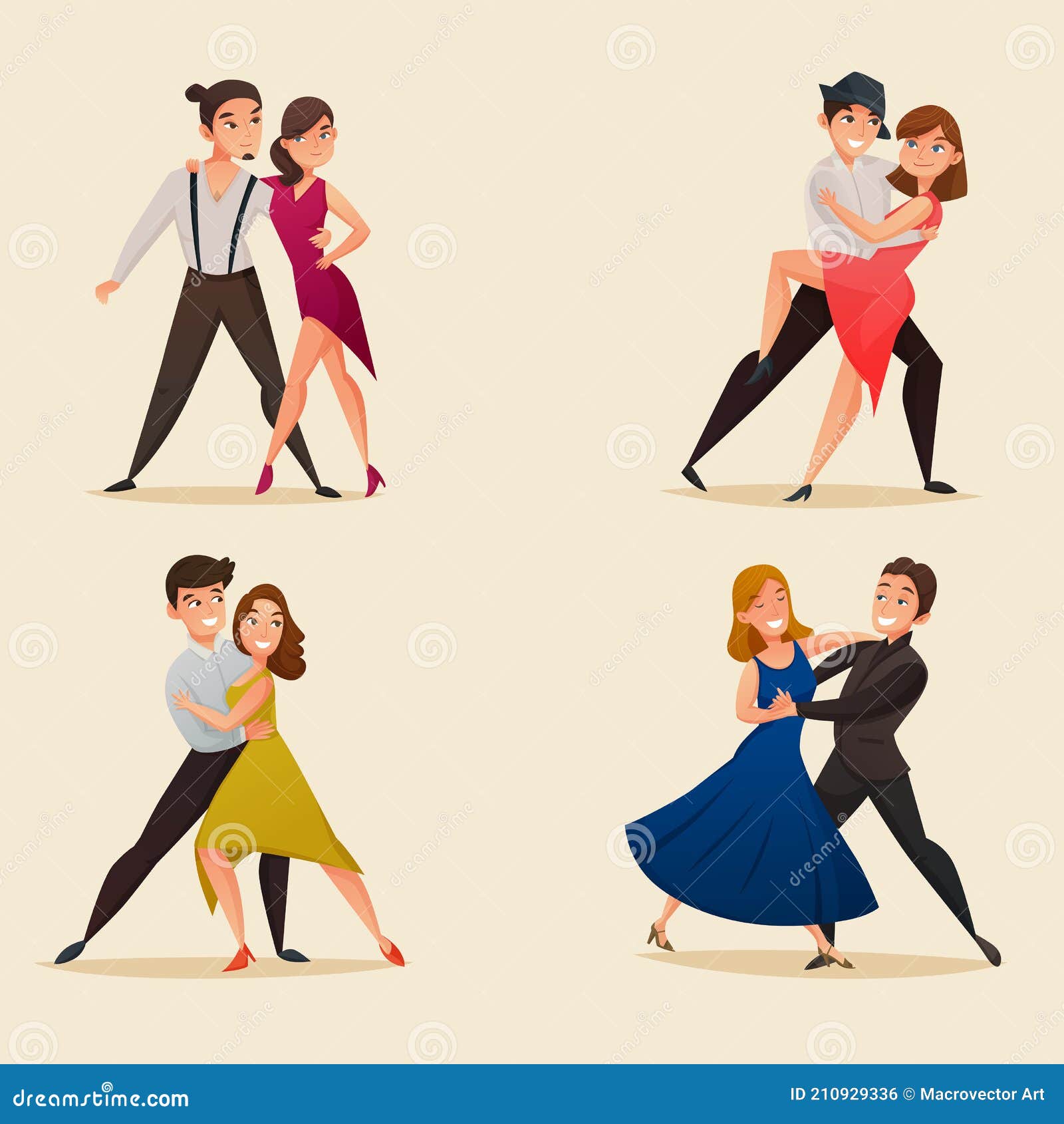 Pareja De Baile Conjunto De Dibujos Animados Retro Ilustración del Vector -  Ilustración de pares, socio: 210929336