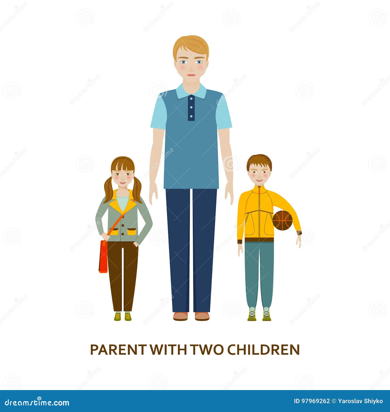 Parent with Two Children. Cartoon Illustration Stock Vector