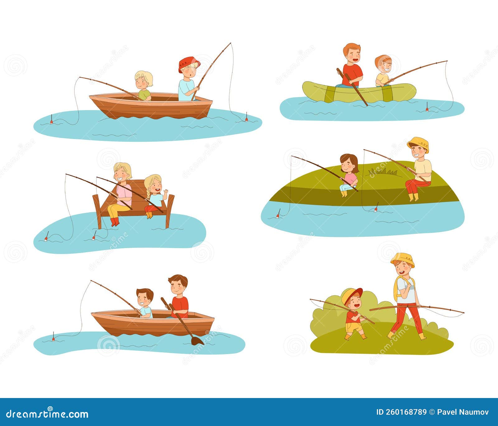 Parents and Kids Fishing with Fishing Rods Set. Mom, Dad and Children  Sitting in Boat and Shore Cartoon Vector Stock Illustration - Illustration  of smiling, recreation: 260168789