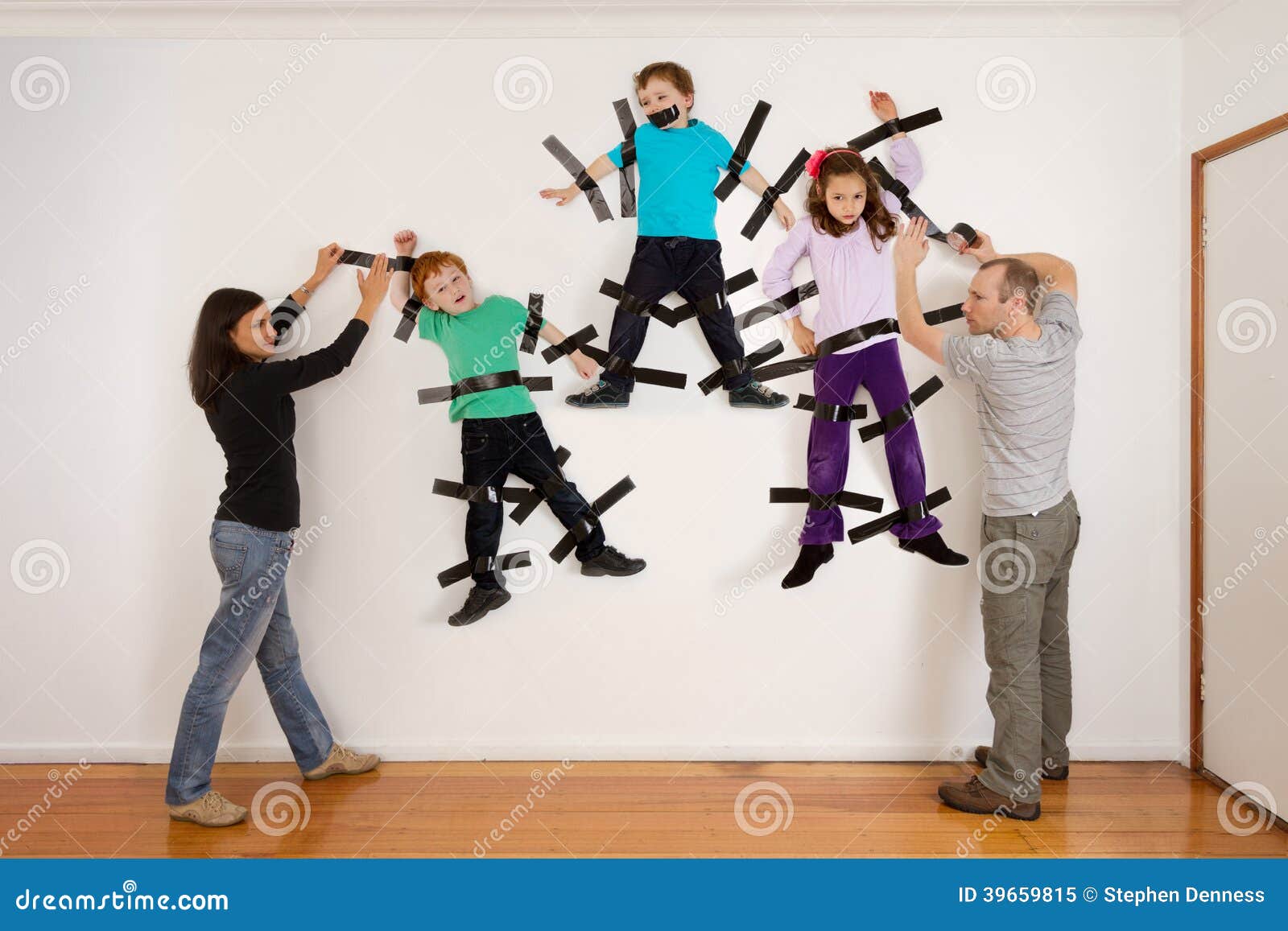 parents sticking children to wall joke