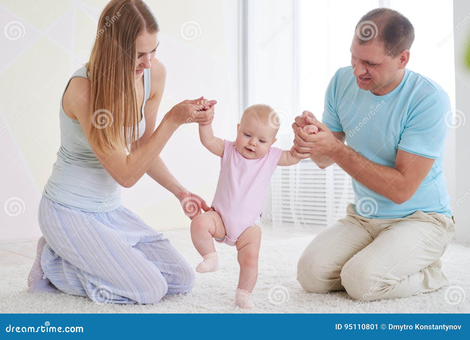 Parents Teaching Baby To Walk Stock Image Image Of Family People