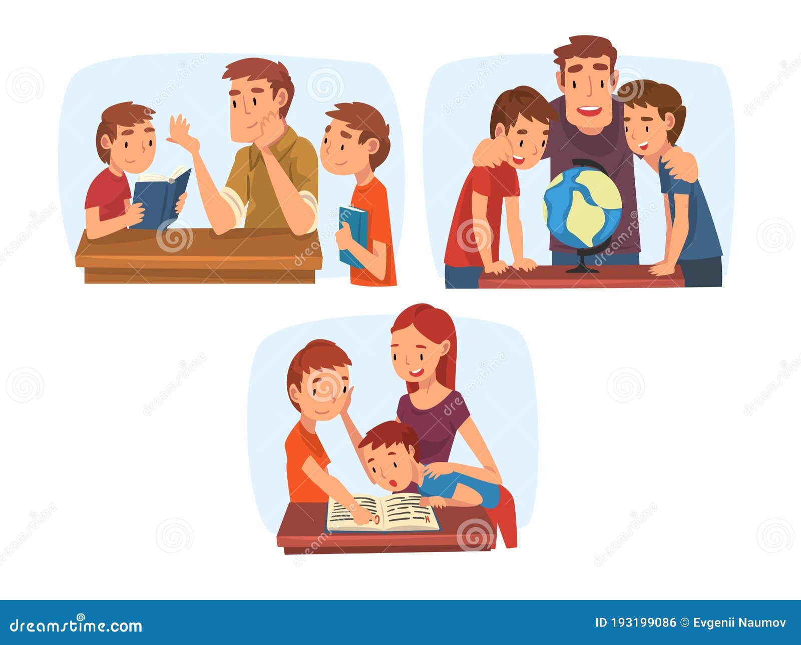 Parents Teaching Their Children Set Mom And Dad Helping Their Kids With Homework And Explaining Lesson In Textbook Stock Vector Illustration Of Home Desk