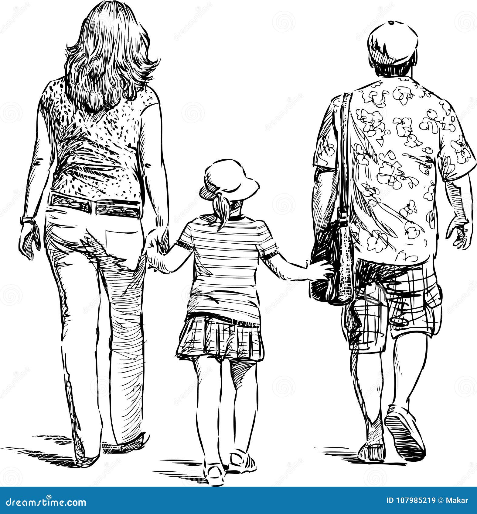 Parents Drawing Young parents with their kid go on a stroll stock