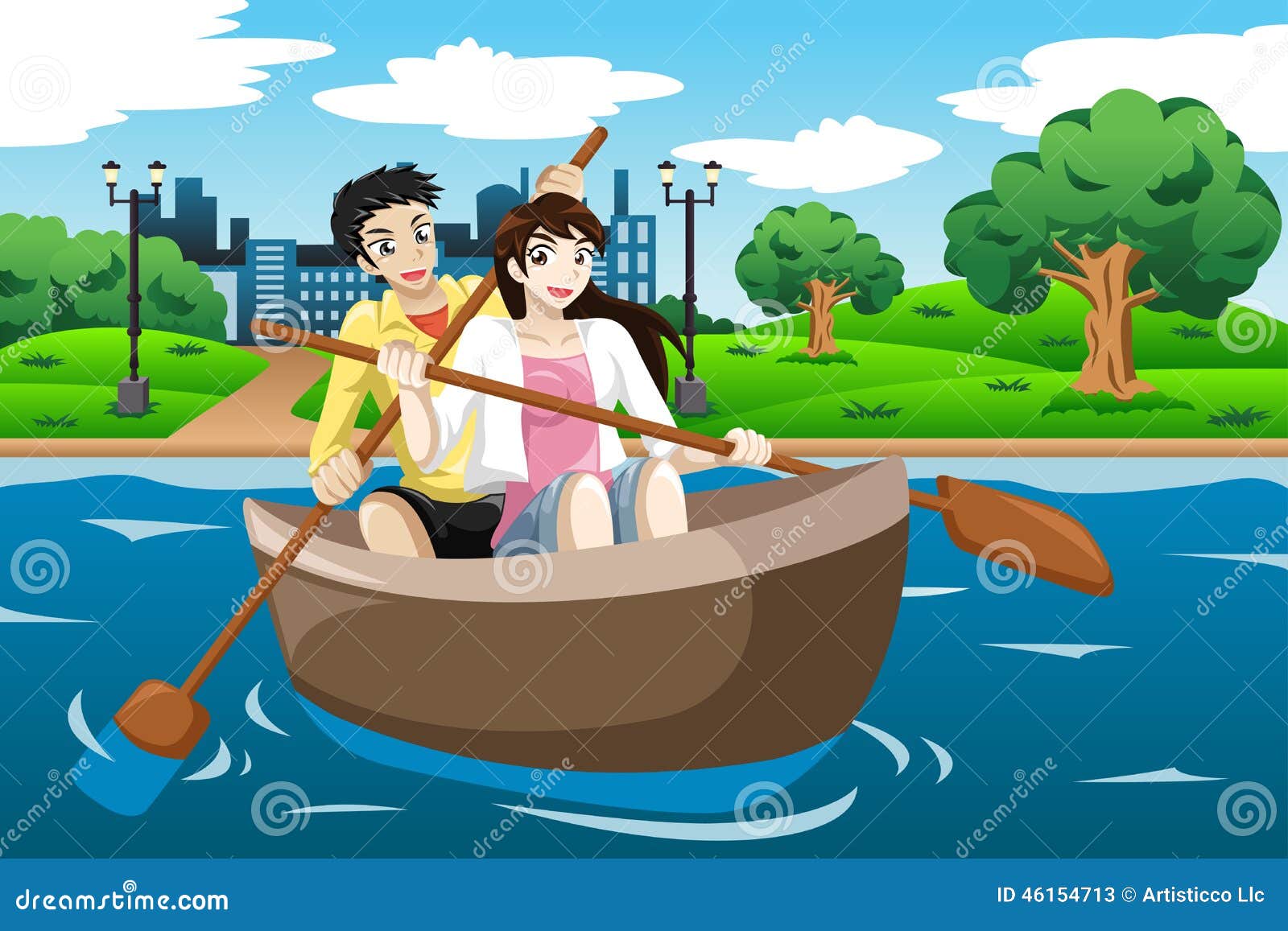 Uma ilustração do vetor dos pares felizes que enfileiram um barco no lago