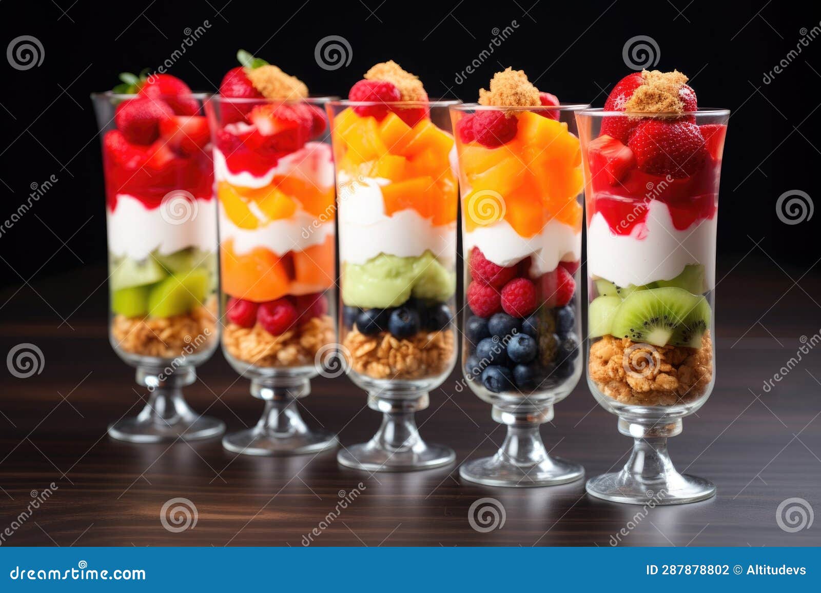 Parfait Glasses with Layered Fruit Salad and Yogurt Stock Photo Image