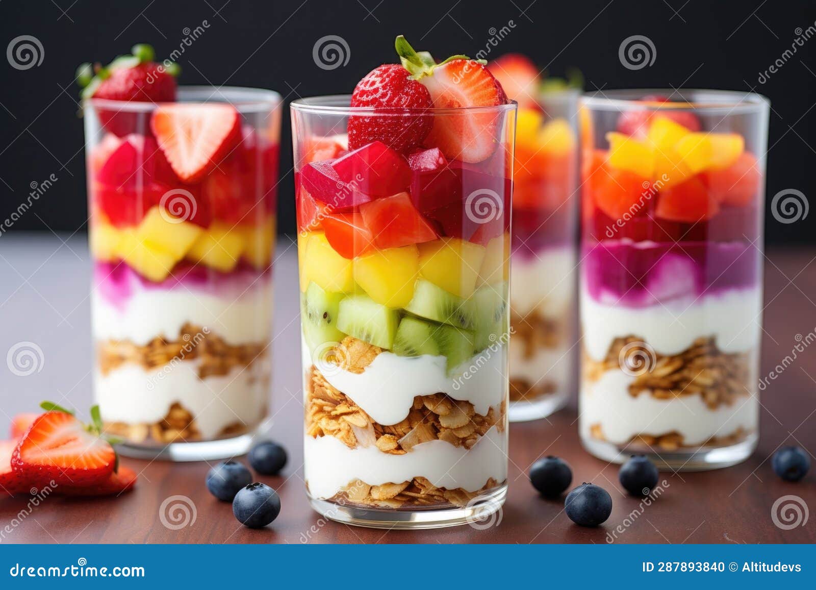 Parfait Glasses with Layered Fruit Salad and Yogurt Stock Illustration