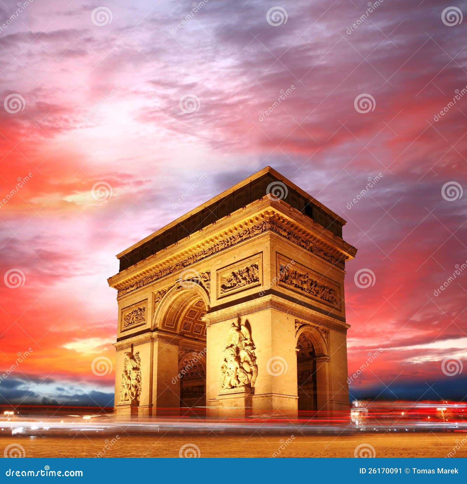 paris, arc de triumph in evening , france
