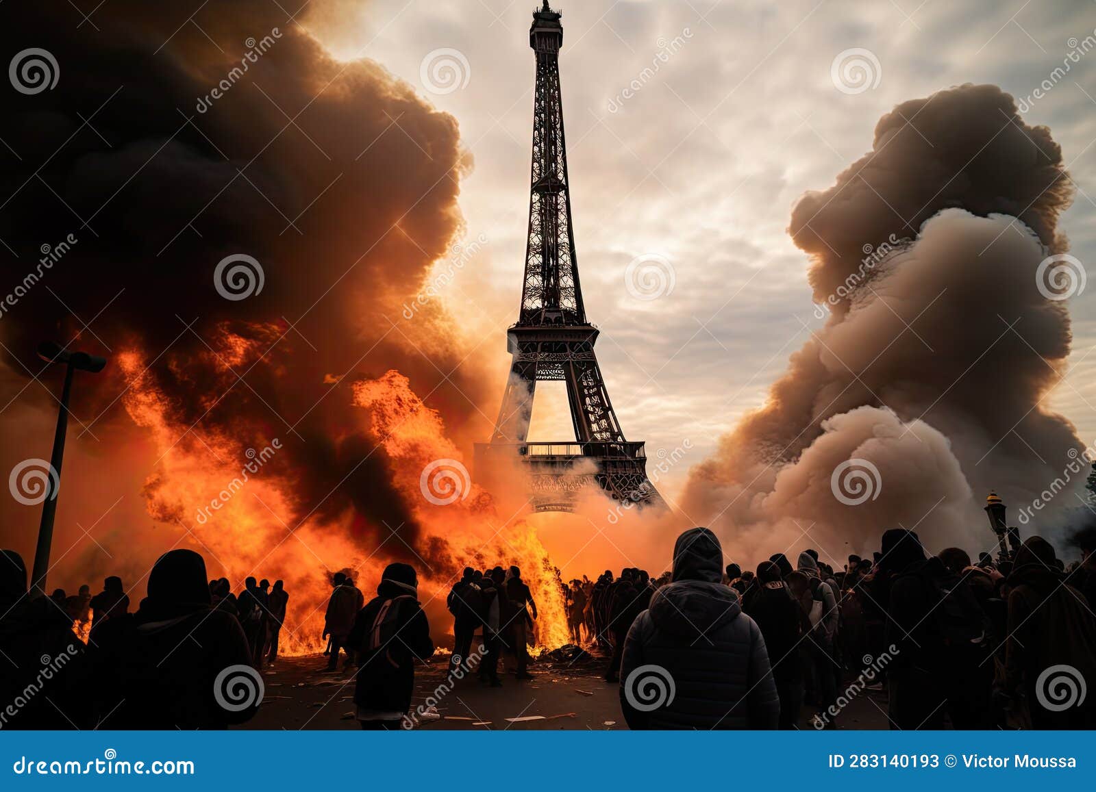 Paris in Chaos Image of Burning Eiffel Tower, Rebel Crowd, and Violent