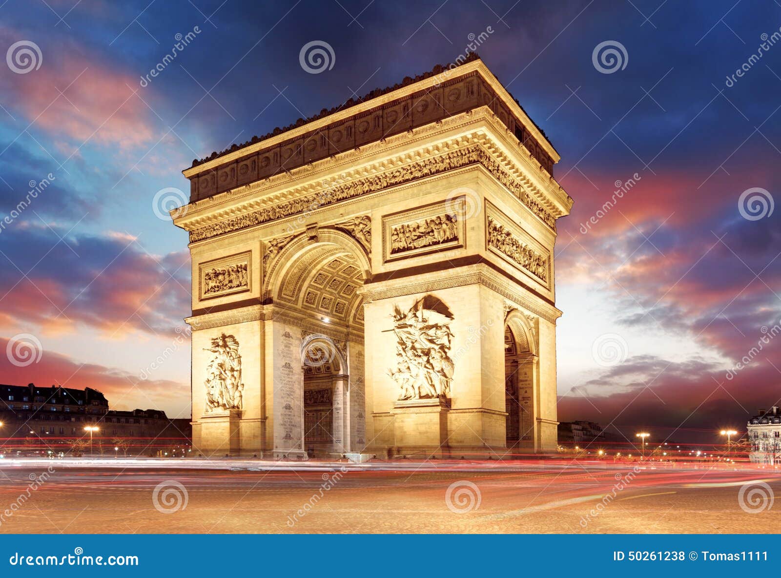 paris, famous arc de triumph at evening , france