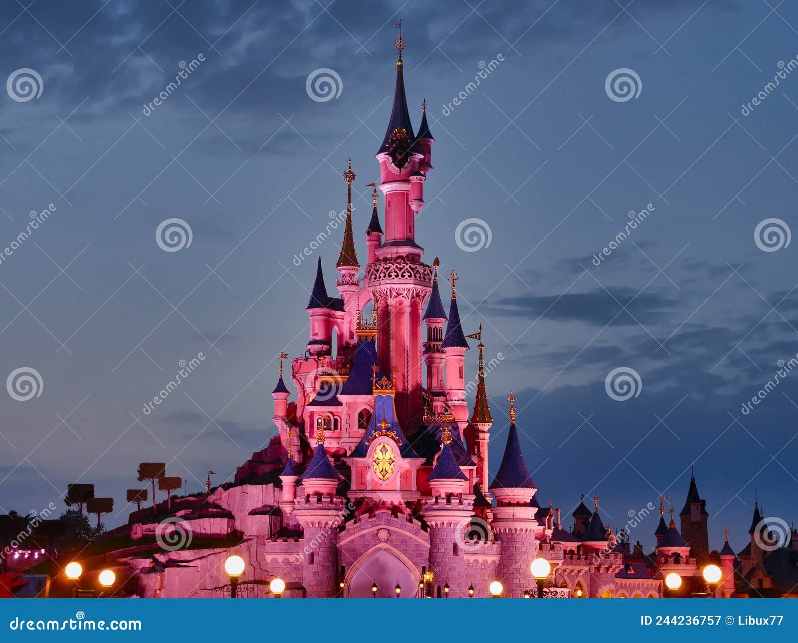 Night performance near Sleeping Beauty castle in Disneyland Paris. Disneyland  Paris (Euro Disney Resort) - entertainment resort in Marne-la-Vallee.  Marne-la-Vallee, France. March 30, 2019. Stock Photo