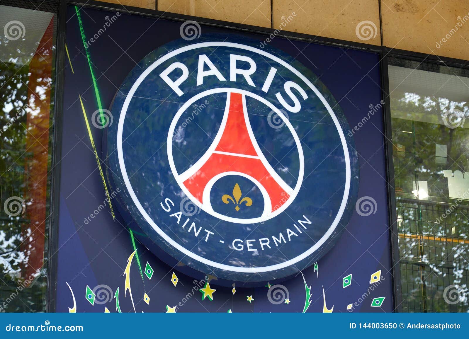 Paris Saint Germain Football Team Store Sign in Champs Elysees in Paris, France Editorial Image of display, merchandise: 144003650