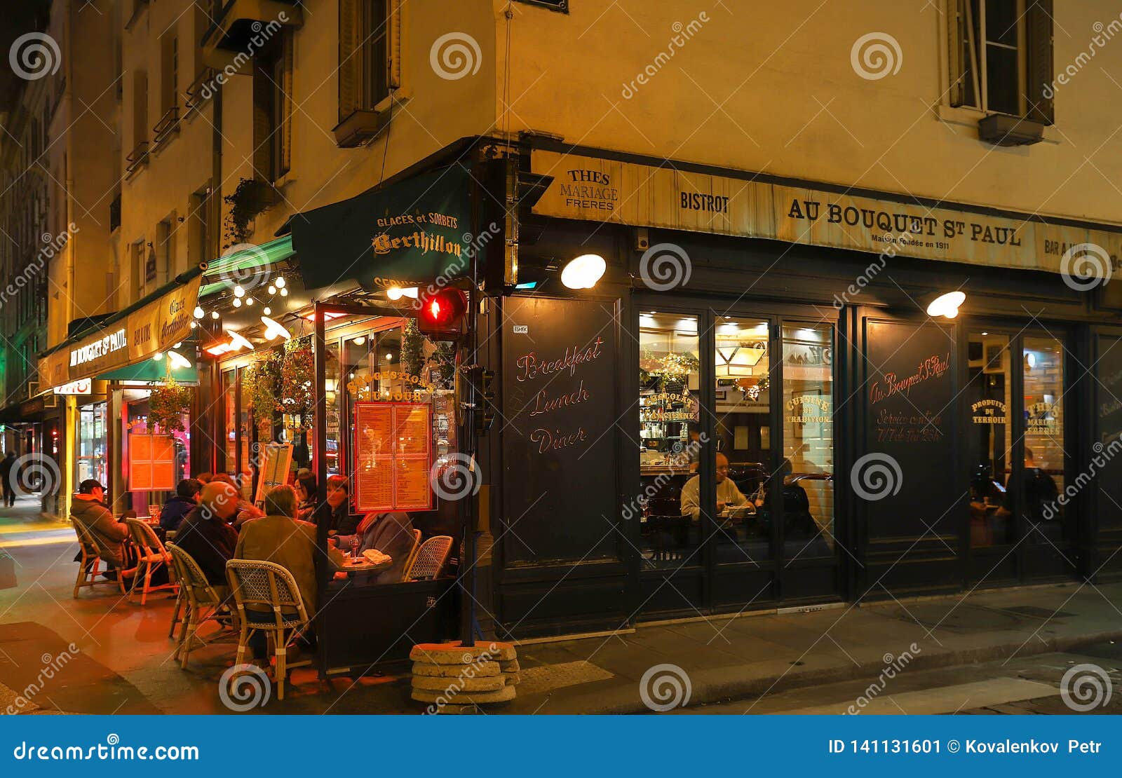 View of Typical French Cafe Au Bouquet St. Paul in the Quarter Marais ...