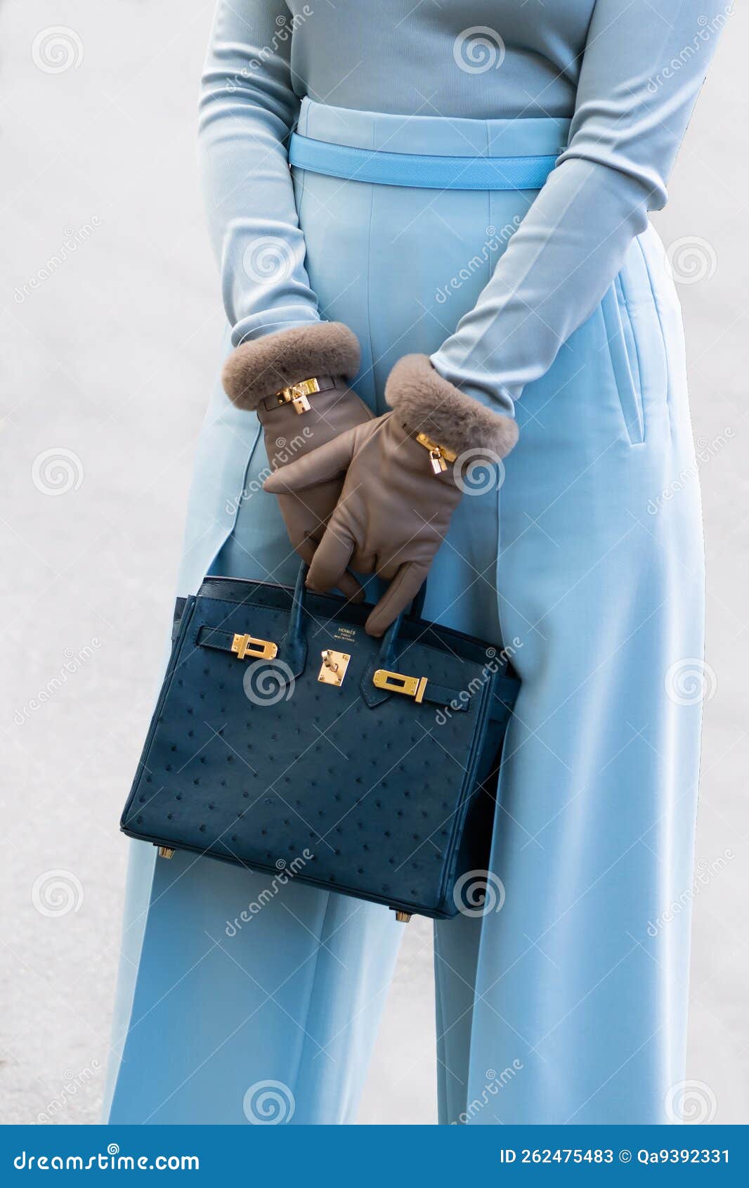 Milan, Italy - September, 25: Woman Influencer Wearing Blue Hermes Kelly Bag.  Fashion Blogger Outfit Details Editorial Stock Image - Image of leather,  milan: 262435829