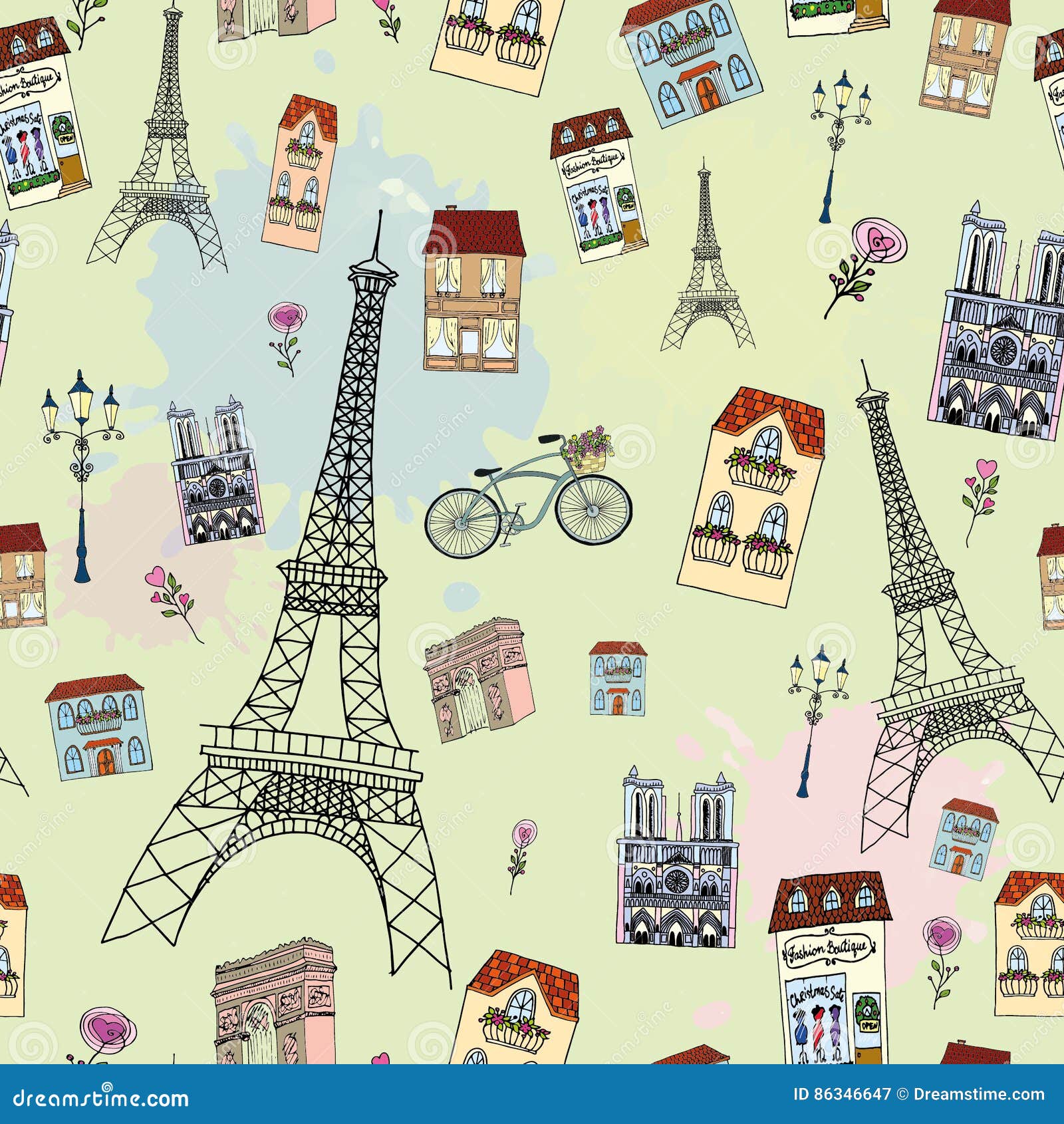Paris seamless pattern stock vector. Illustration of heart - 86346647