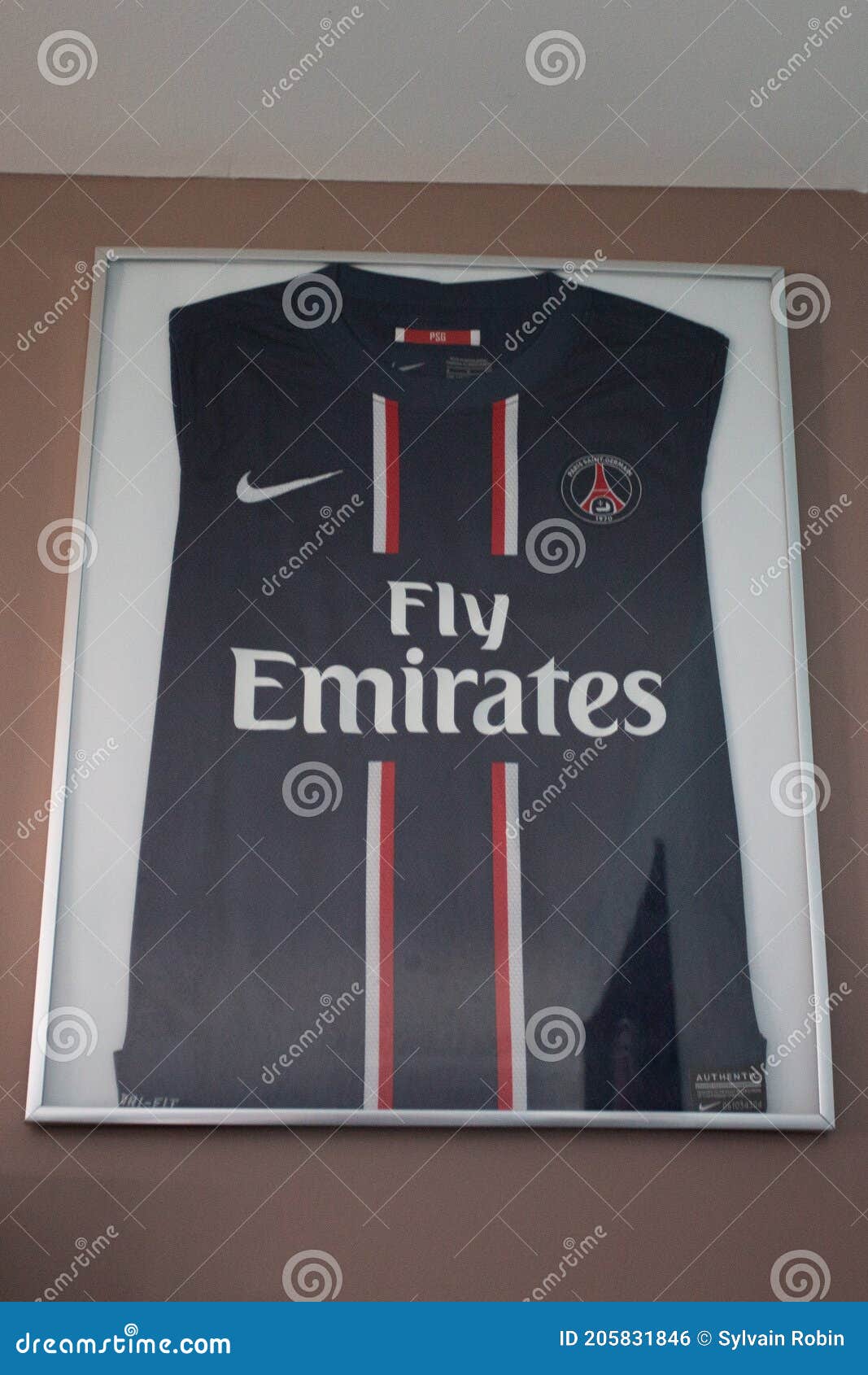 PSG Fly Emirates Logo Sign Soccer Shirt in a Frame Hanging in Home