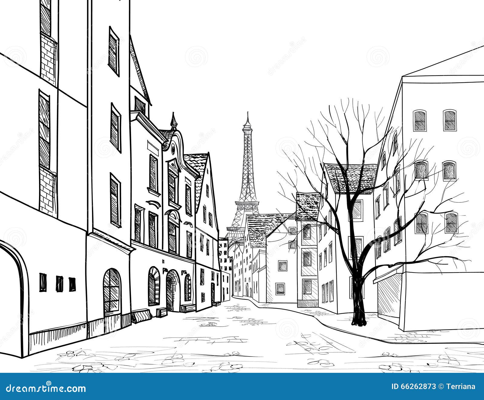 paris street. cityscape - houses, buildings and tree on alleyway