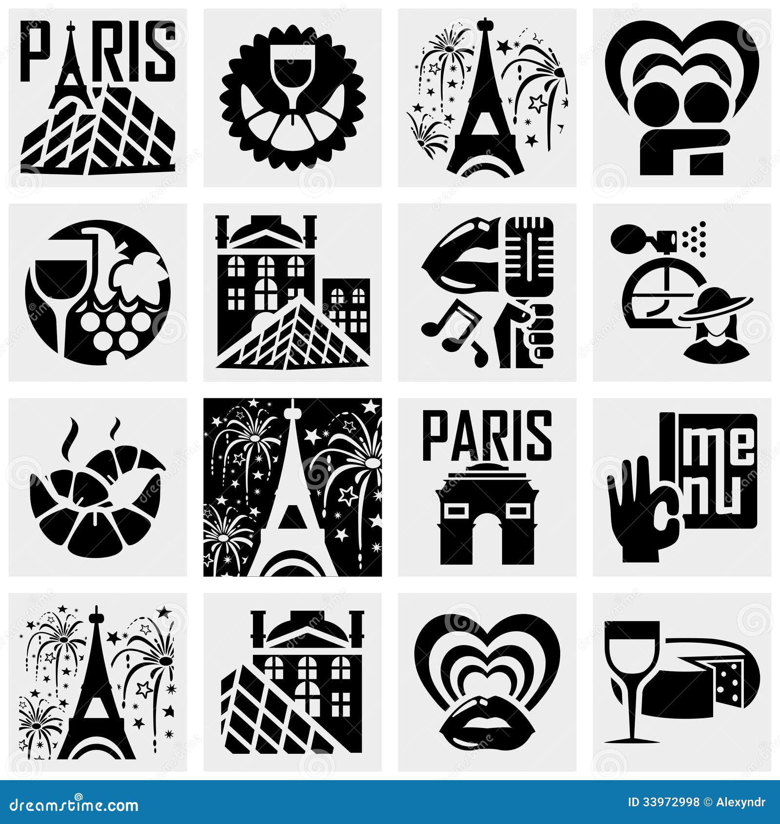 paris  icons set on gray.