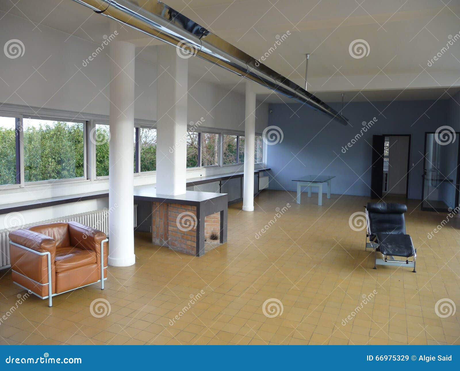 Paris Villa Savoye Living Room With Fireplace Stock