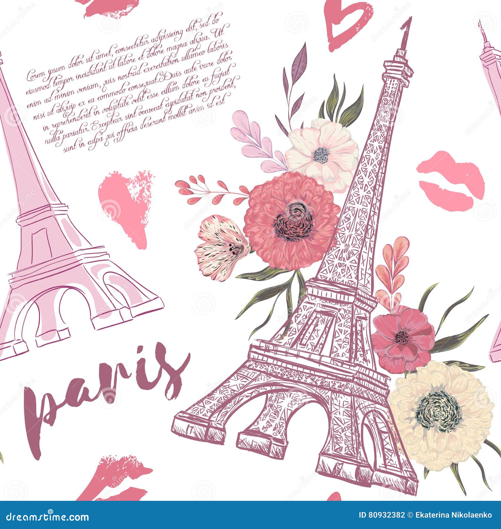 Paris. Vintage seamless pattern with Eiffel Tower, kisses, hearts and floral elements on white background. Retro hand drawn vector illustration in watercolor style.