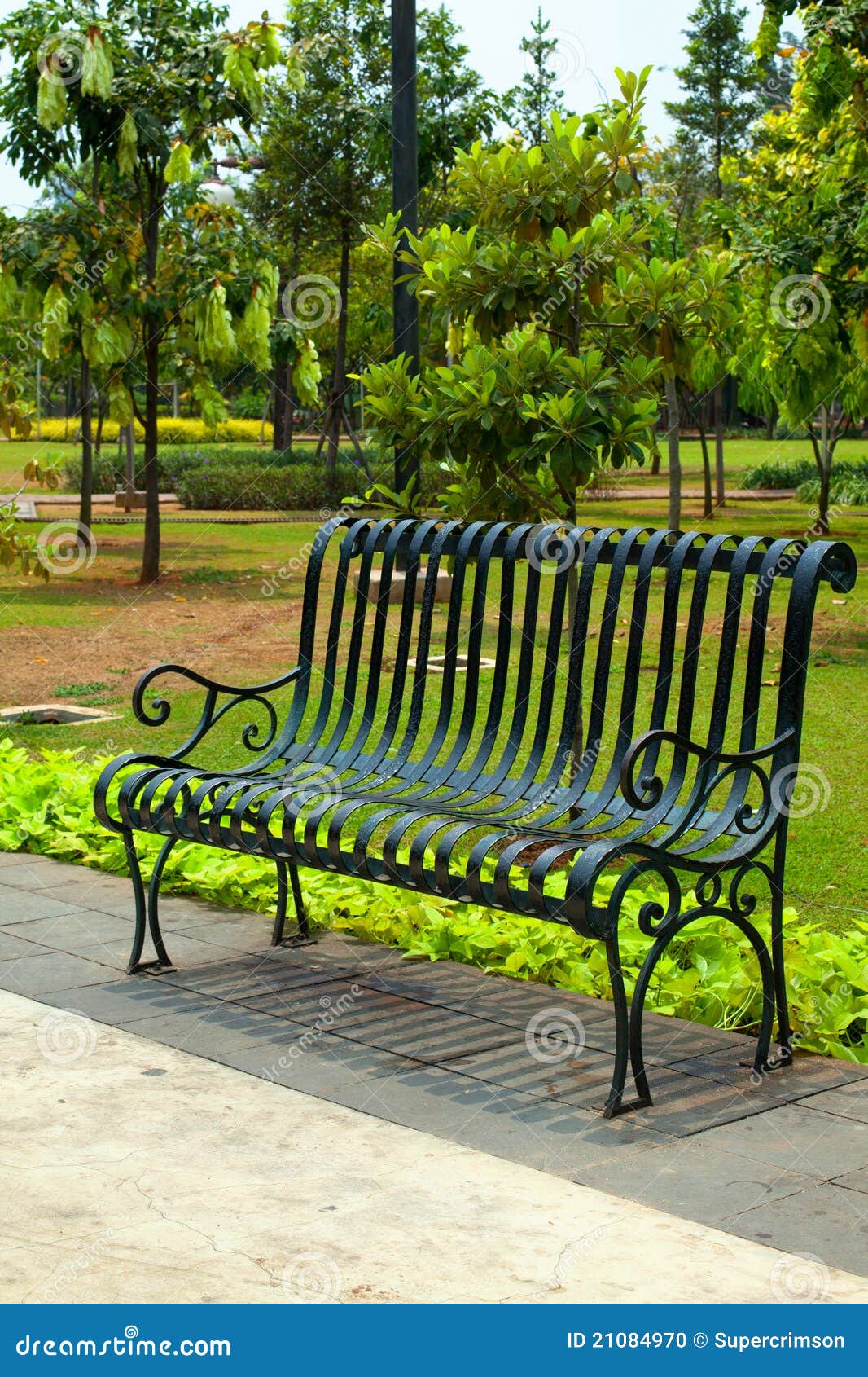 A romantic empty park bench beside a pavement