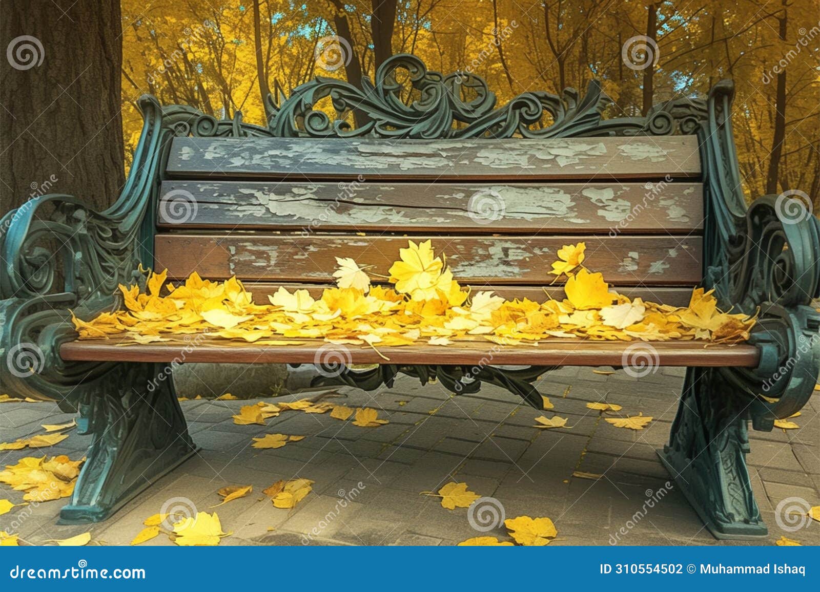 park bench with metal sidewall, adorned with yellow autumn leaves