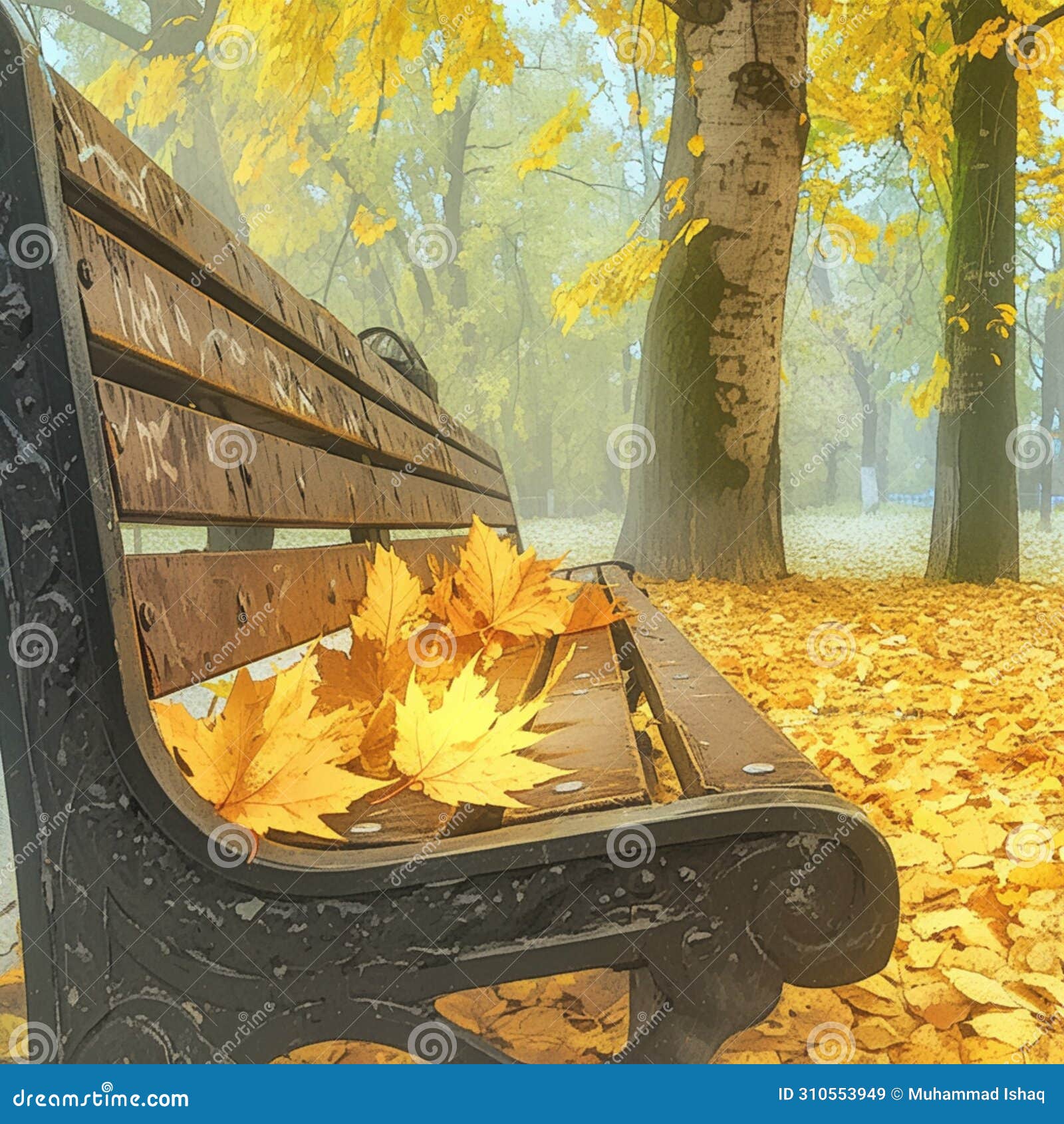 park bench with metal sidewall, adorned with yellow autumn leaves