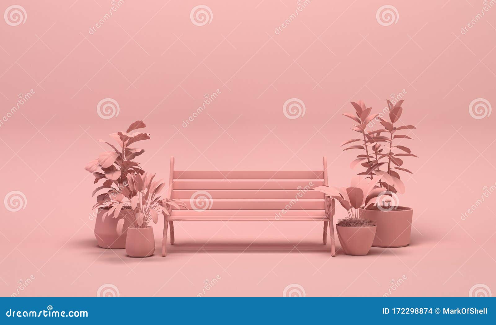 Park Bench and Plants in Plain Monochrome Light Pink Color. Light