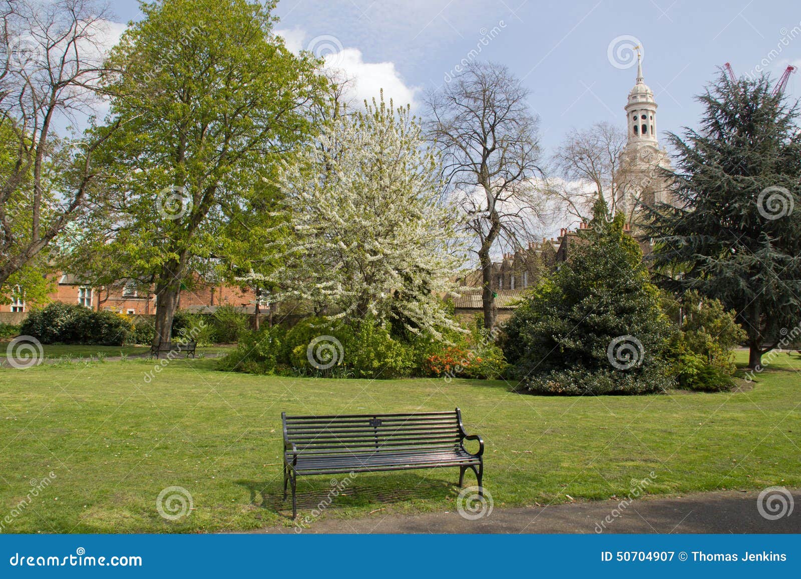 Park Bench In Spring With Church In Background, Greenwich 