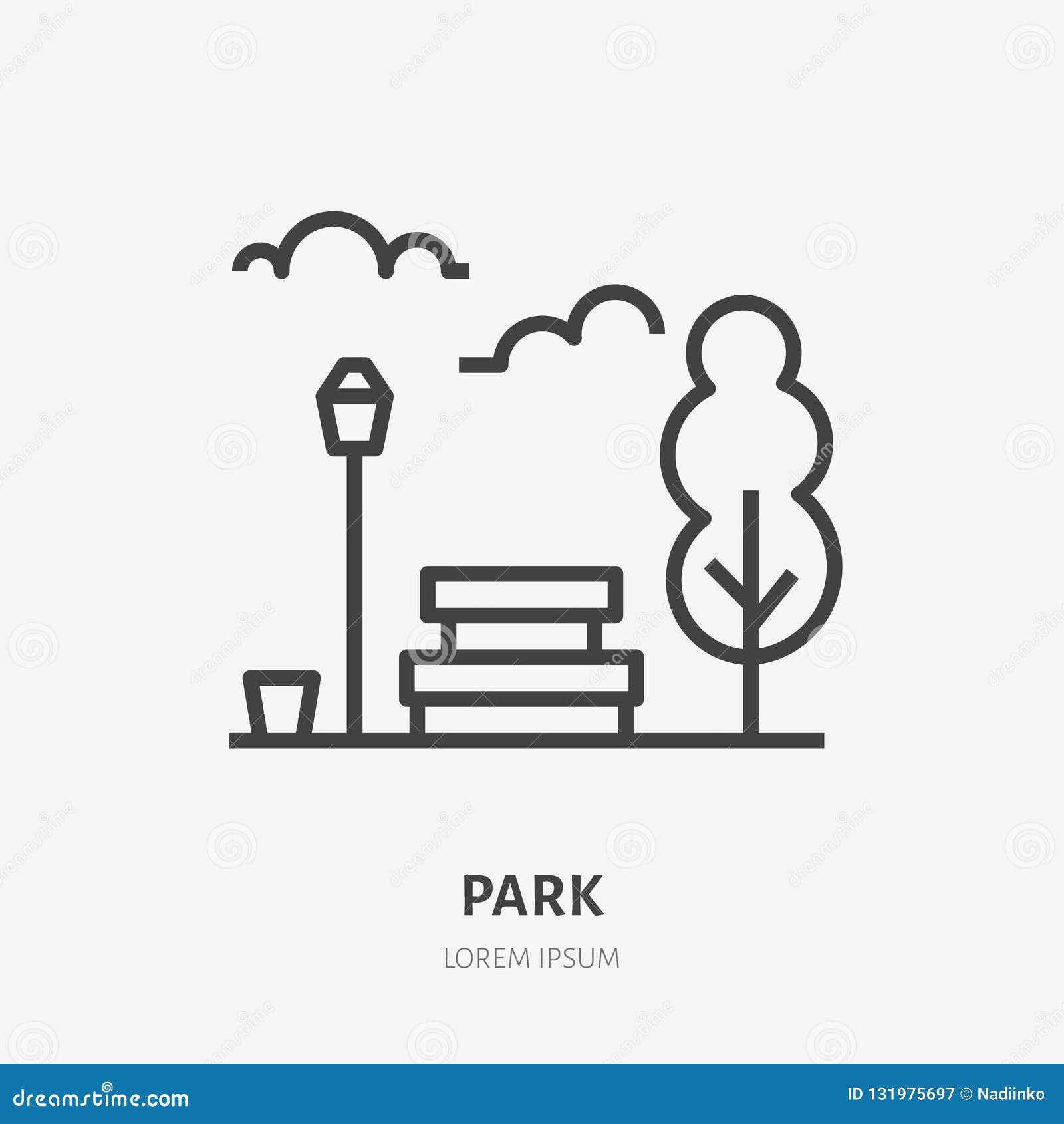 park flat line icon.  thin sign of bench, tree, sky and street light, urban public place logo. city infrastructure