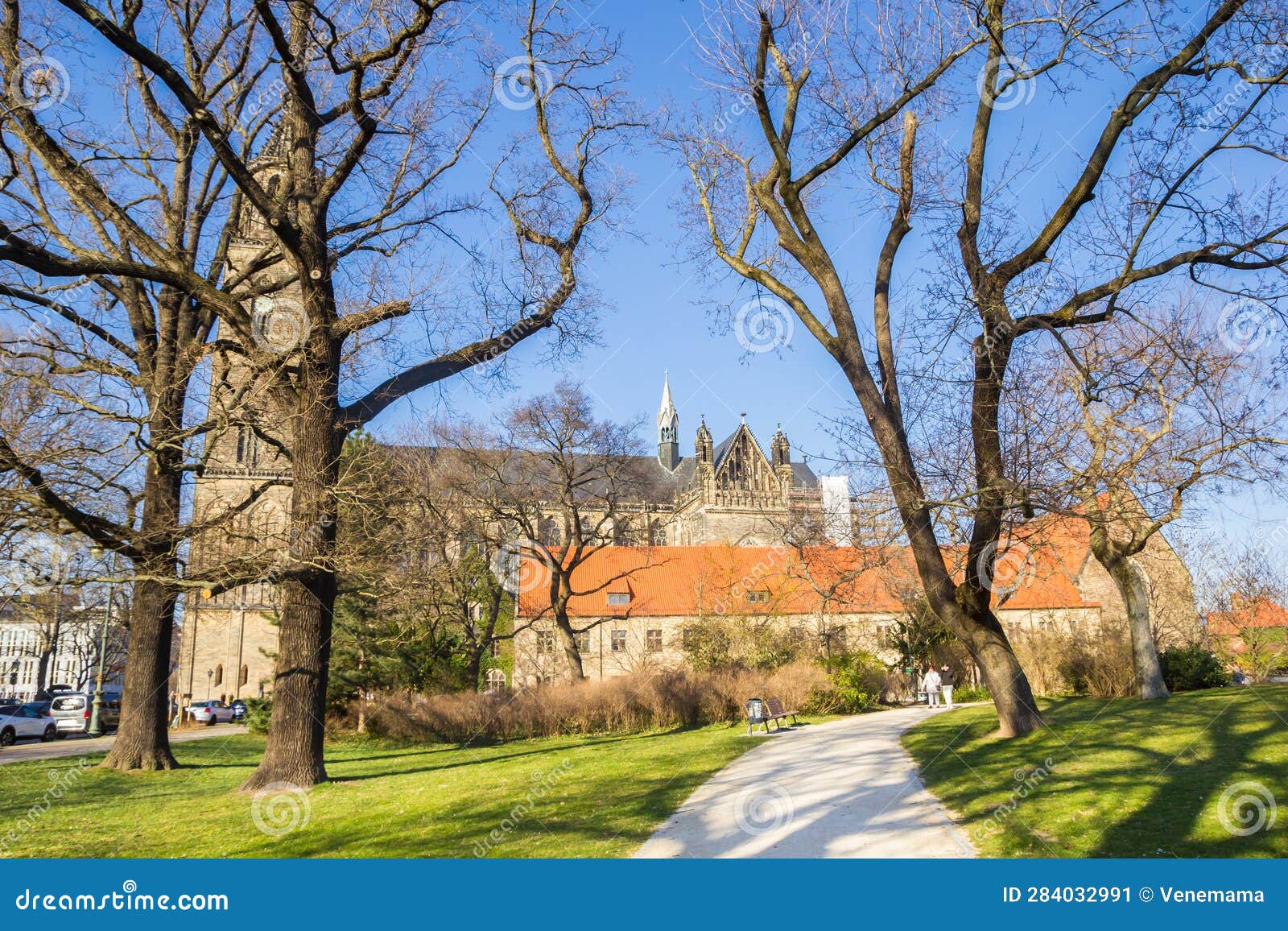 Park in Front of the Historic Dom Church in Magdeburg Stock Image