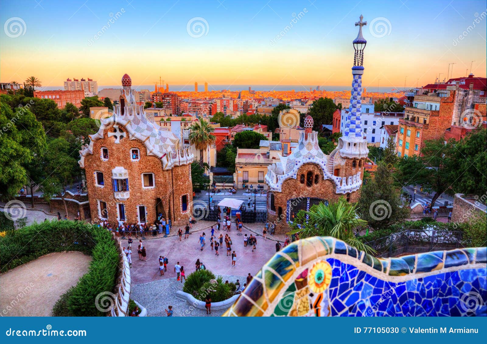 park guell, barcelona, spain at sunset