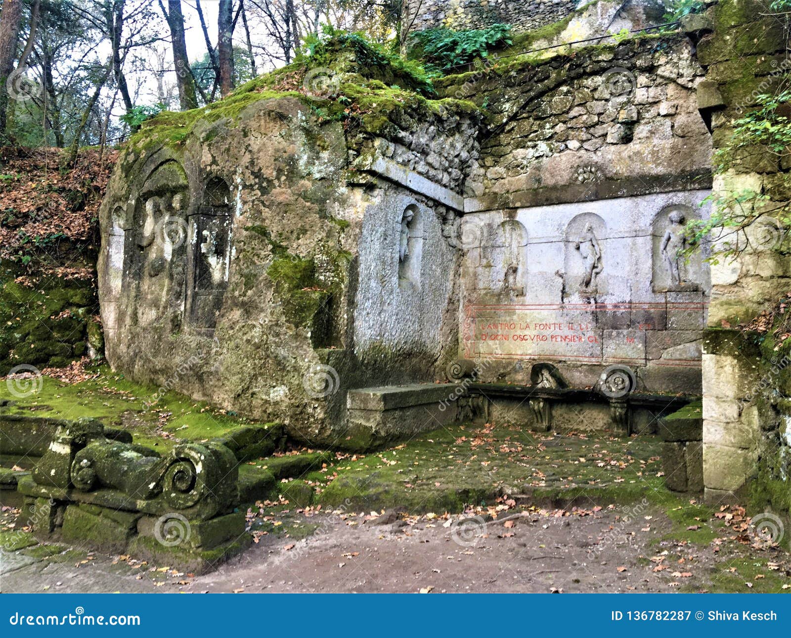 park of the monsters, sacred grove, garden of bomarzo. three graces and the nymphaeum