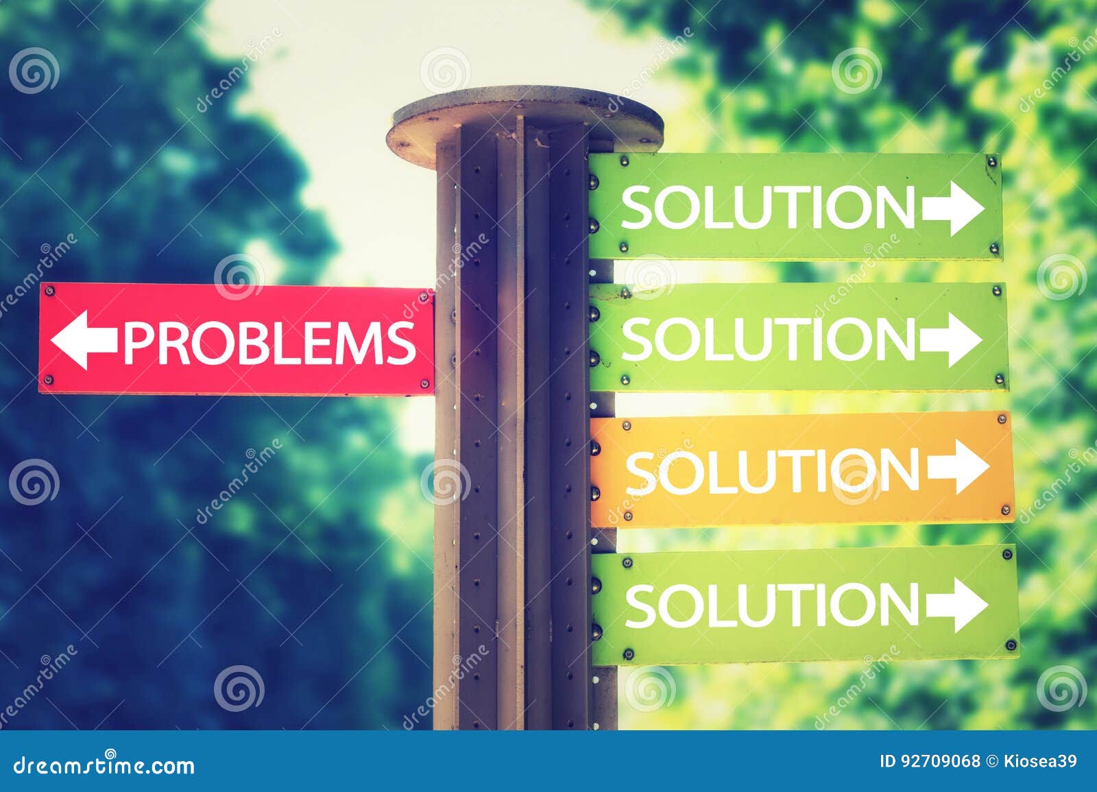 Park Signboard with Solution and Problems Arrows Pointing in Different