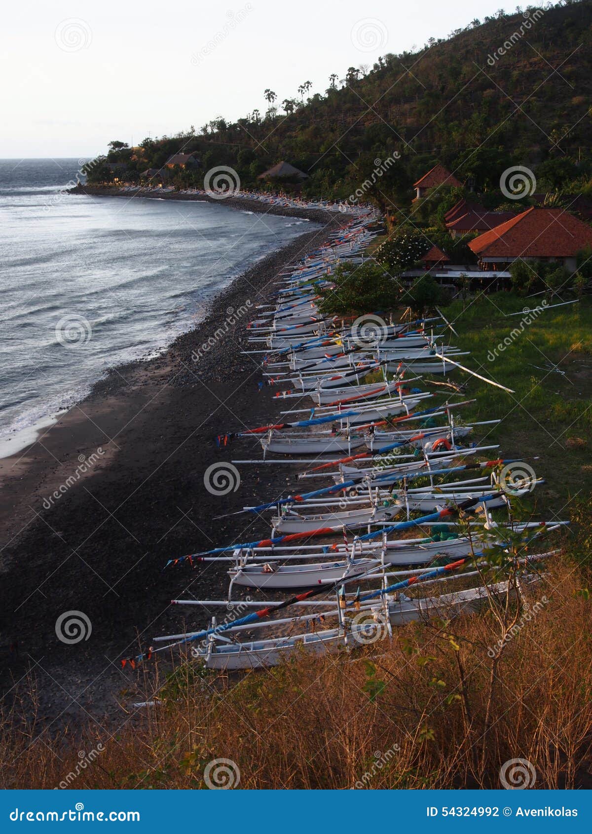 parked fishing boats on the beach, amed, bali