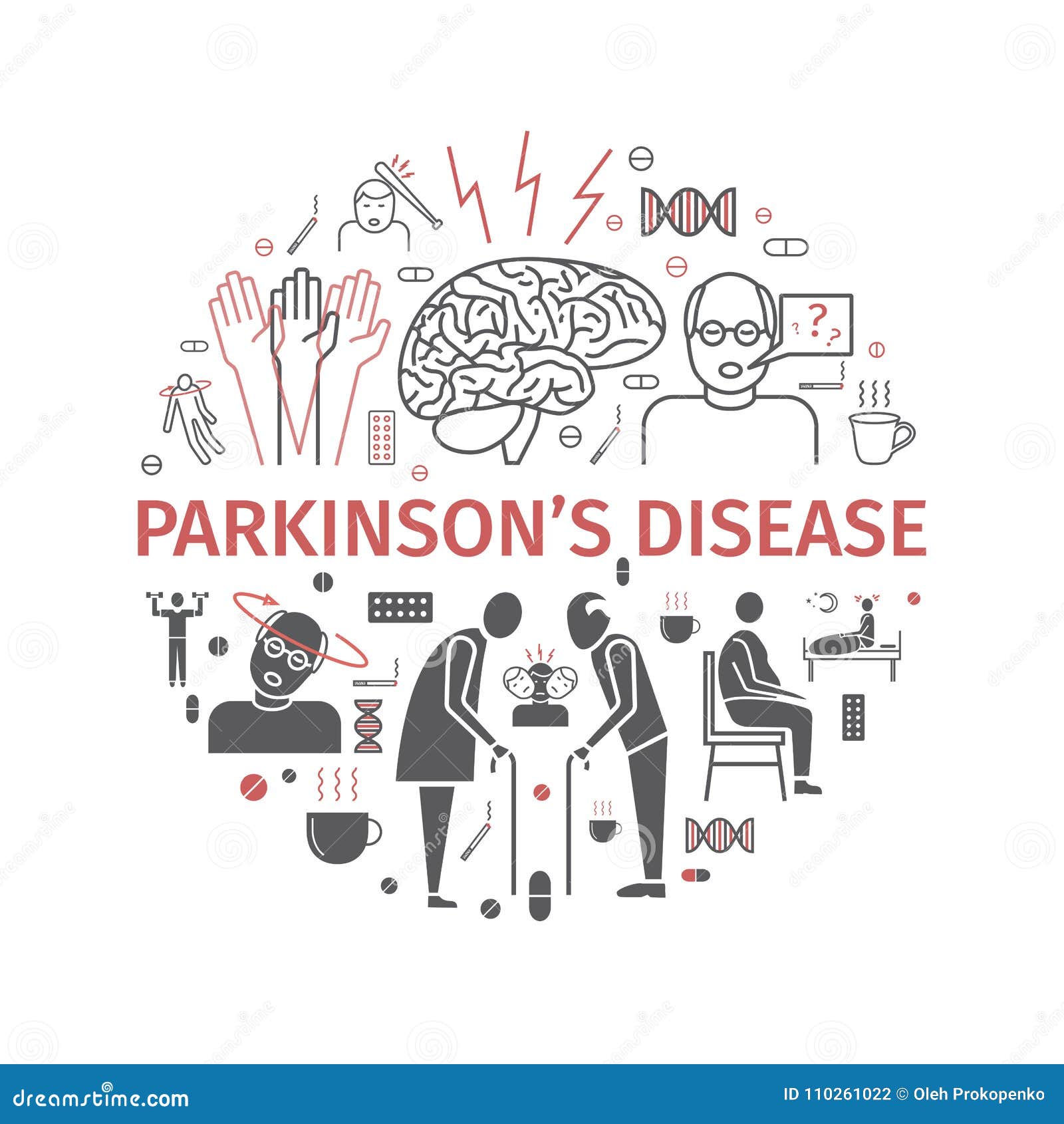 parkinson`s disease. symptoms, treatment. line icons set.  signs.