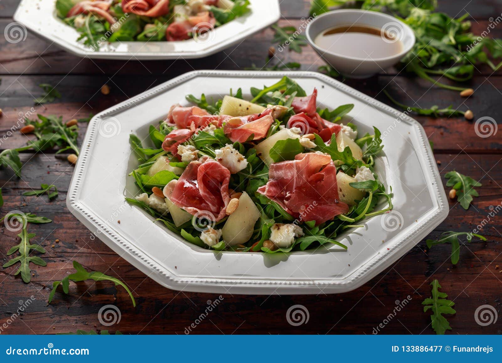 Parma Ham and Melon Salad with Mozzarella, Rocket and Pine Nuts Stock