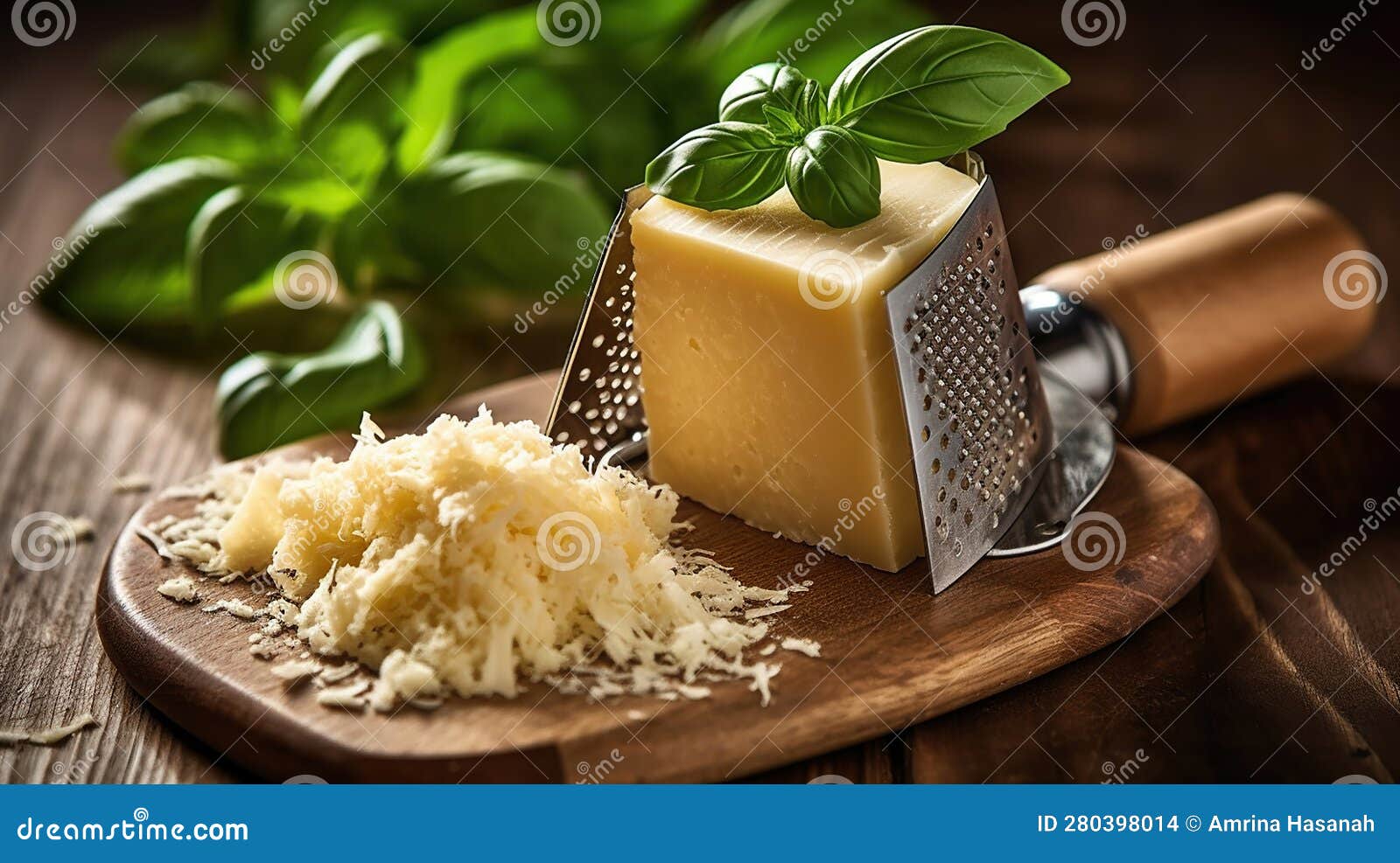 Parmesan Cheese and Grater Angled. an angled view of a block wedge of  parmesan cheese with shredded pieces all around and a metal cheese grater  on a cutting board Stock Photo