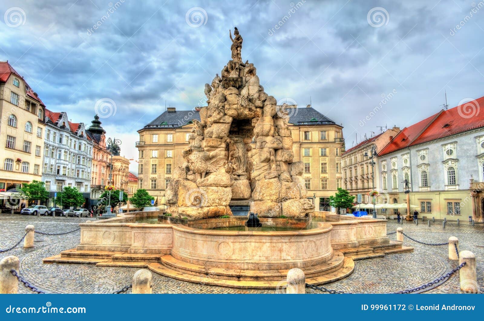 parnas fountain on zerny trh square in the old town of brno, czech republic