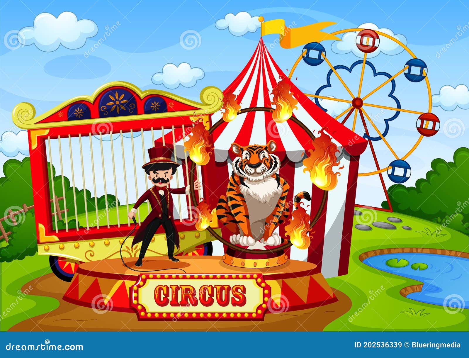 Parque De Atracciones Con Circo En La Escena De Estilo De Dibujos Animados  Ilustración del Vector - Ilustración de criatura, rayas: 202536339
