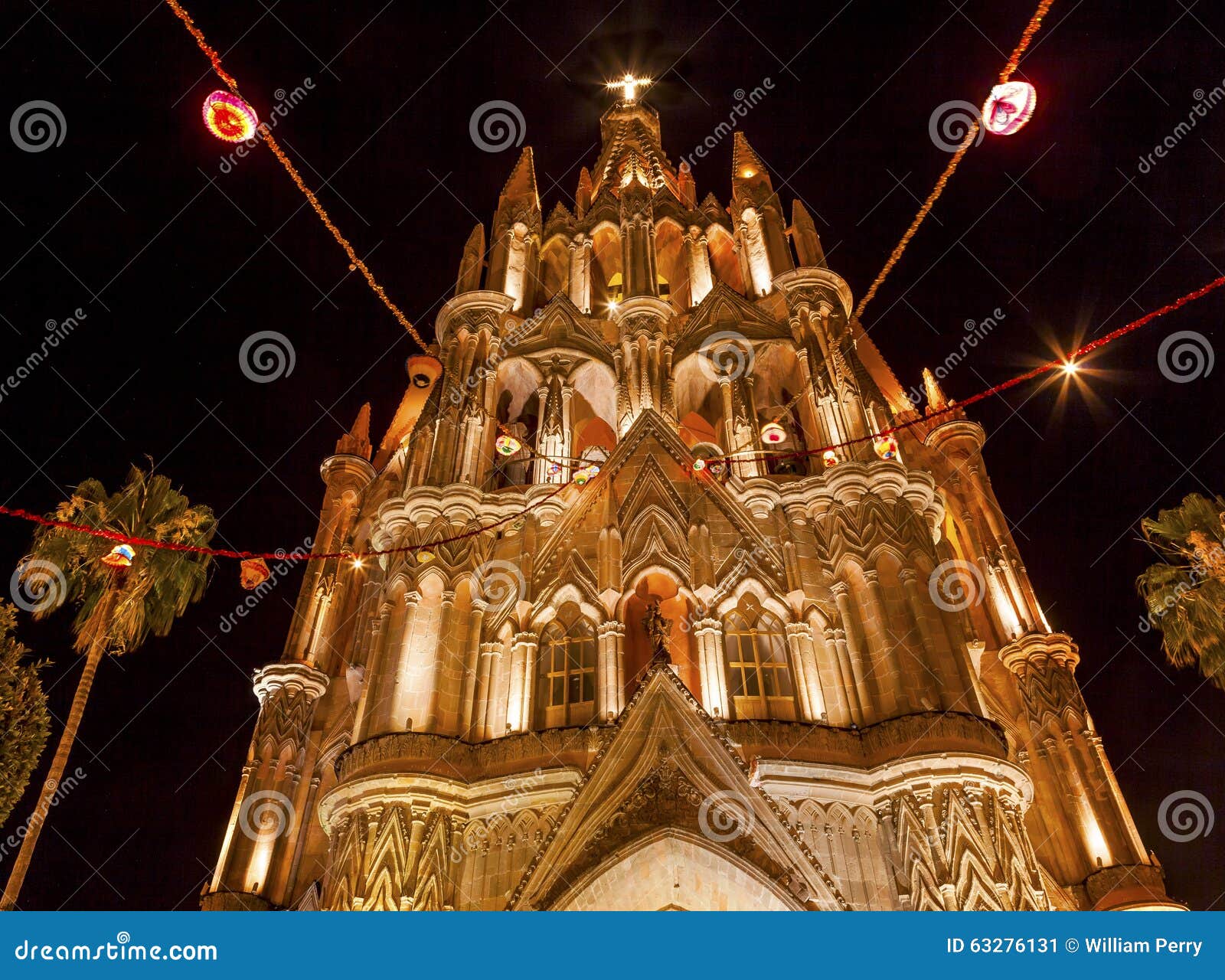 Parroquia Church Night San Miguel de Allende Mexico. Facade Parroquia Archangel Church Christmas Night San Miguel de Allende, Mexico. Parroquia created in 1600s and facade created in 1880s.