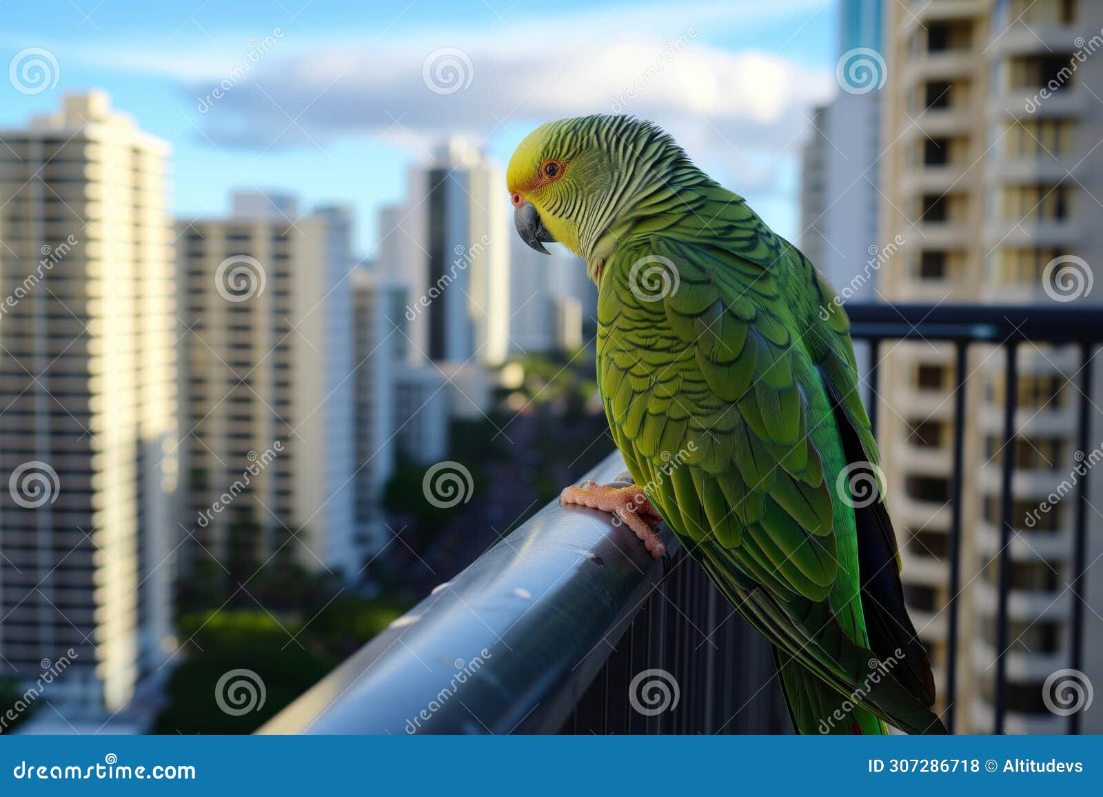 parrot on a balcony railing with highrises in background