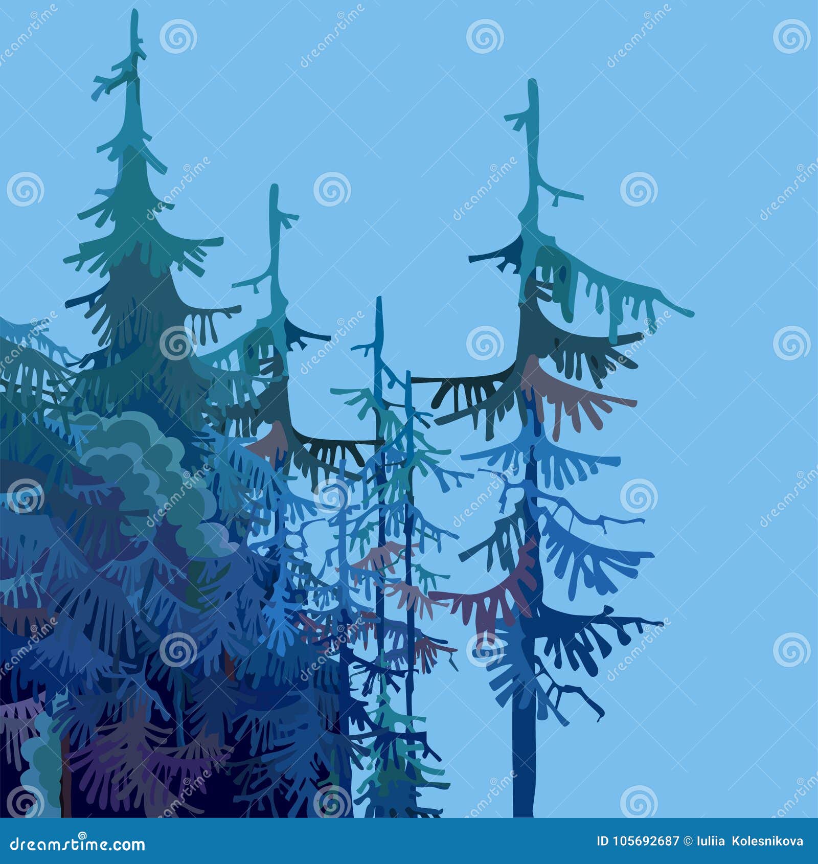 Part of a cartoon forest with fir trees in blue-green tones